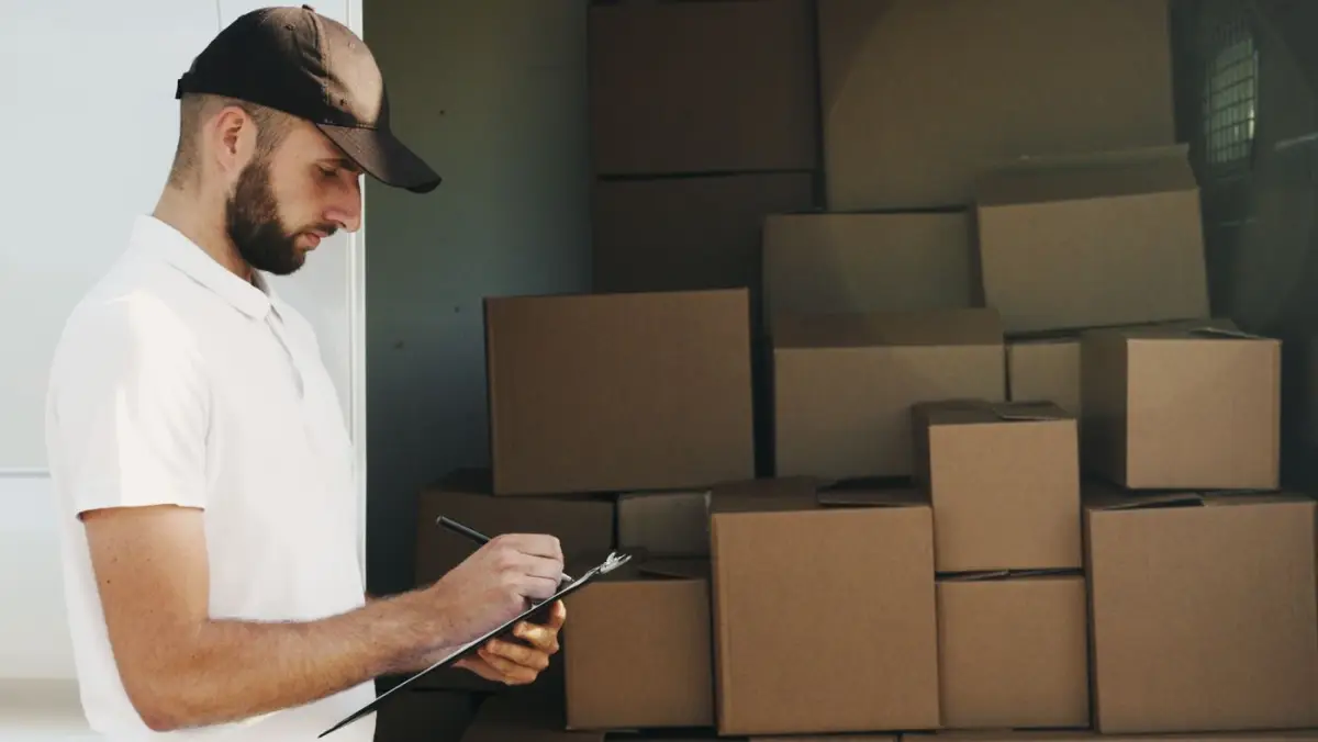 Mover writing on a clipboard next to a stack of boxes