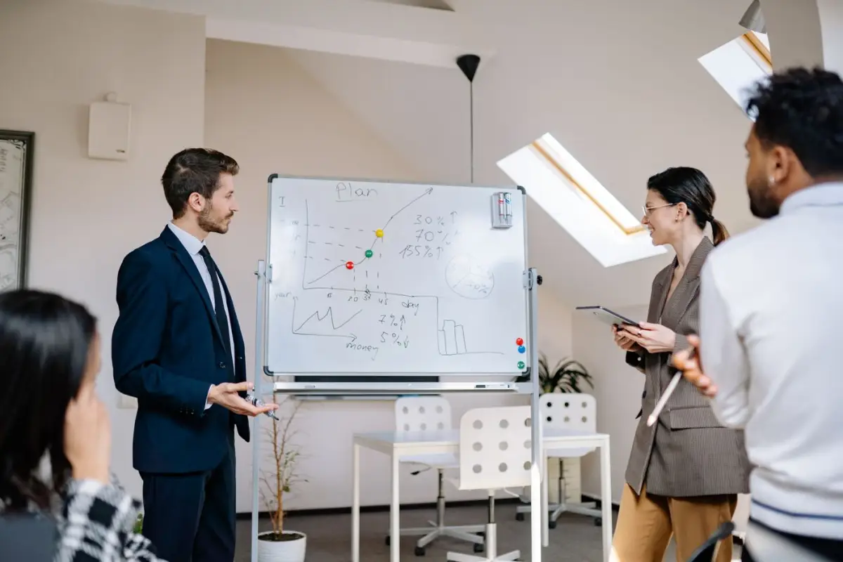 Team planning at a whiteboard in an office